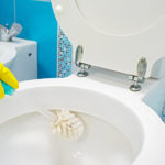 A woman cleans a bathroom toilet with a scrub brush